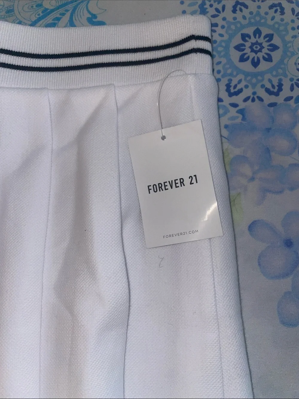 Forever 21 White Pleated Mini Skirt with Black-Trim Waistband